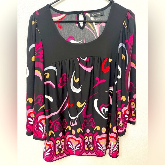 INC International Concepts Paisley 3/4 Bell Sleeve Pink Black Blouse Size M P - Picture 1 of 8
